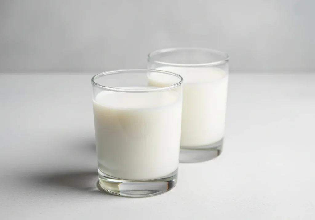 Skim milk and whole milk side by side, photographed for nutritional comparison