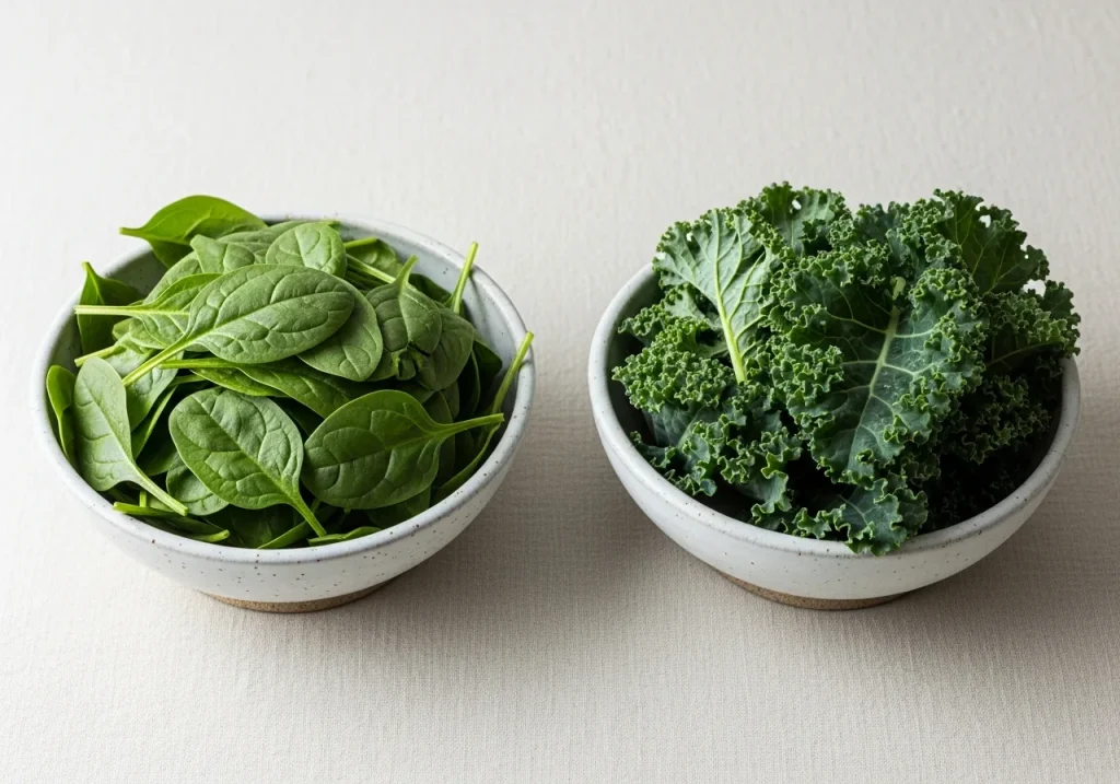Spinach and kale side by side, photographed for nutritional comparison
