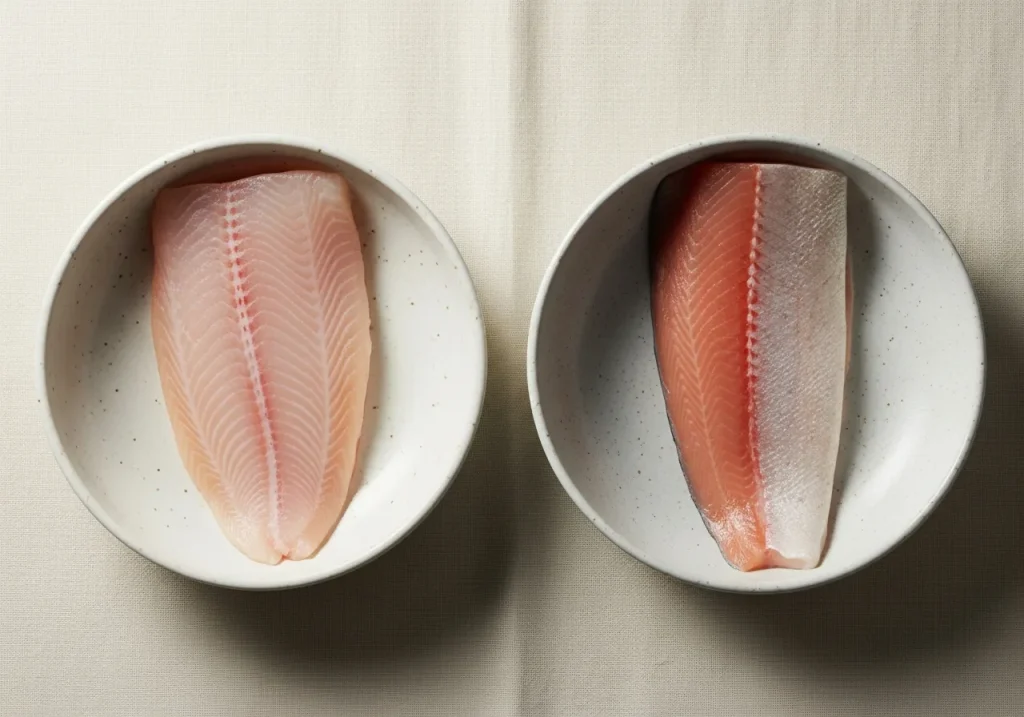 Tilapia and rainbow trout side by side, photographed for nutritional comparison
