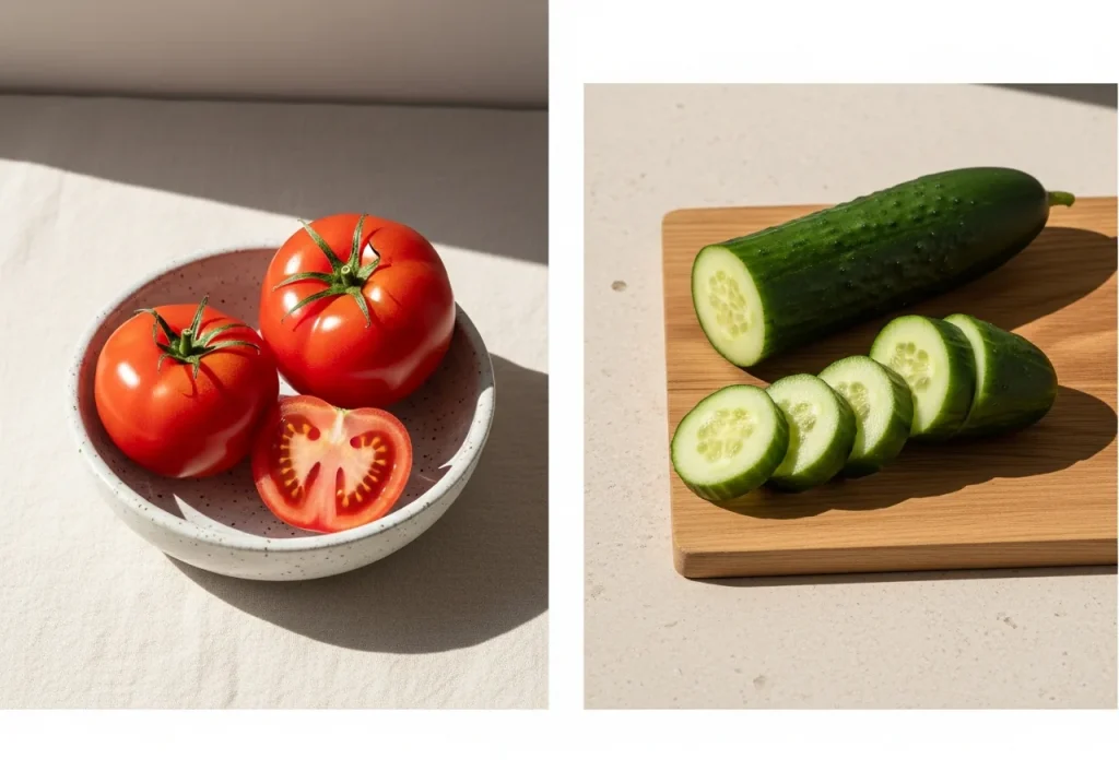 Tomato and cucumber side by side, photographed for nutritional comparison