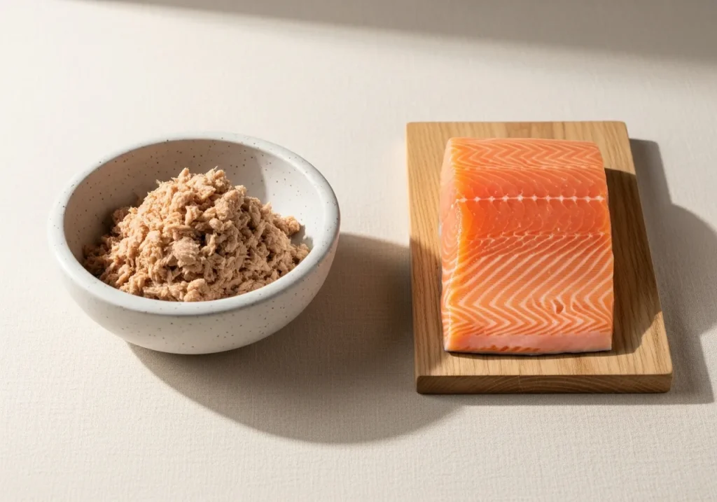 Tuna and salmon side by side, photographed for nutritional comparison