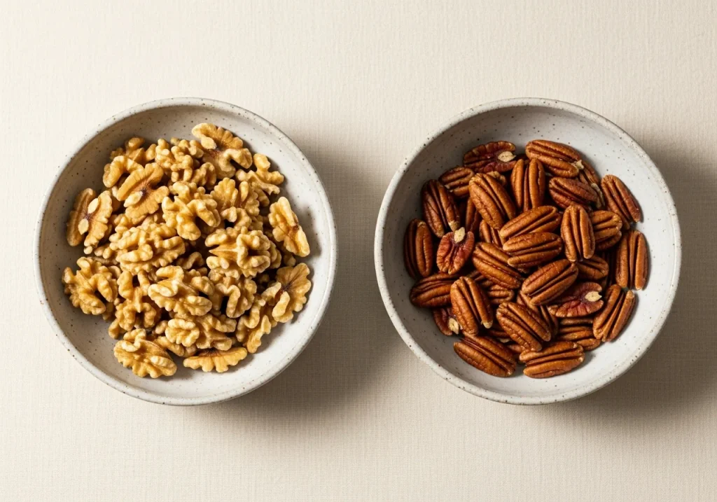 Walnuts and pecans side by side, photographed for nutritional comparison