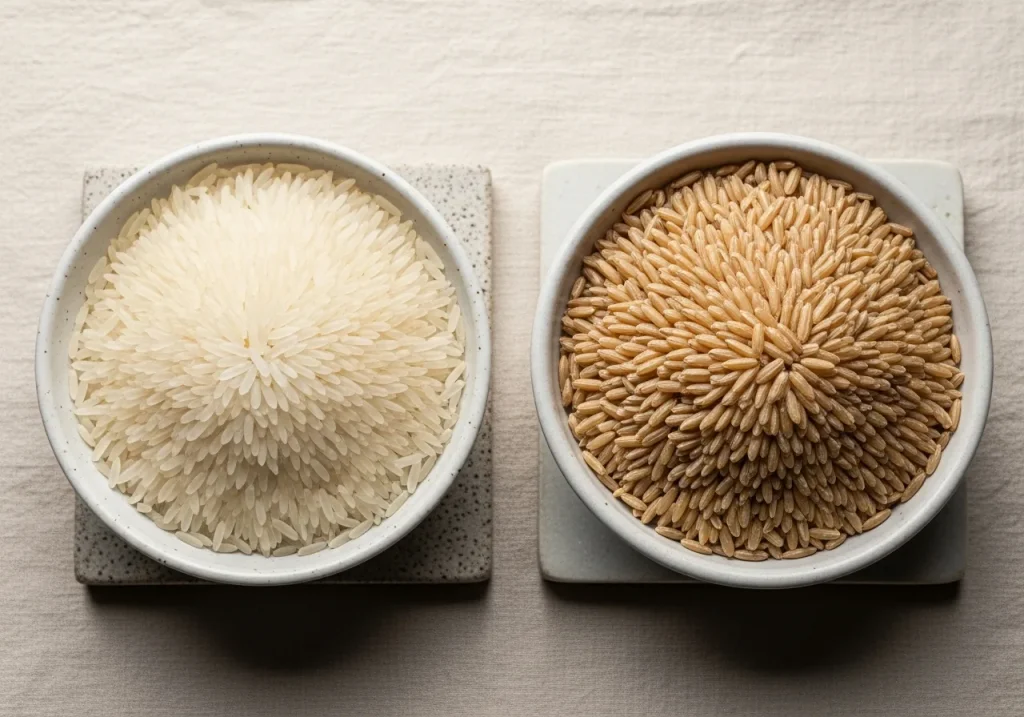 White rice and brown rice side by side, photographed for nutritional comparison