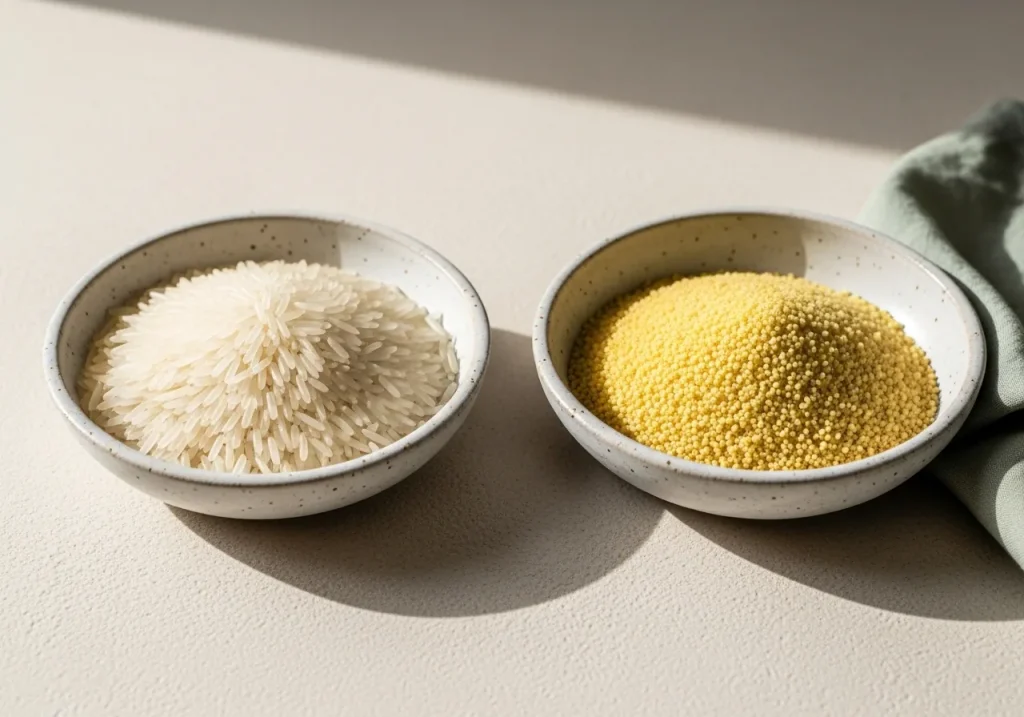 White rice and couscous side by side, photographed for nutritional comparison