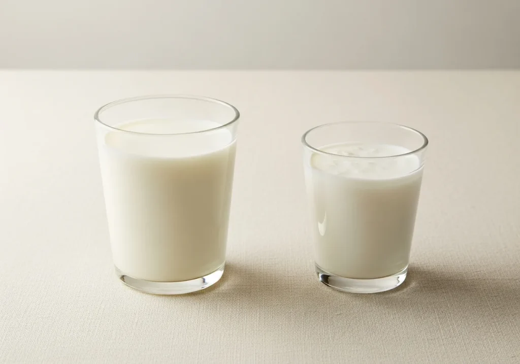 Whole milk and kefir side by side, photographed for nutritional comparison