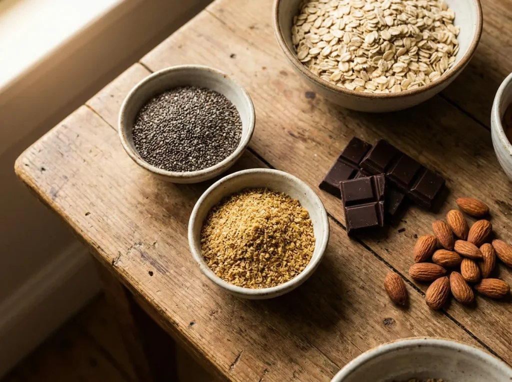 Foods Highest in Fiber: chia seeds, flaxseed, dark chocolate, almonds and oats
