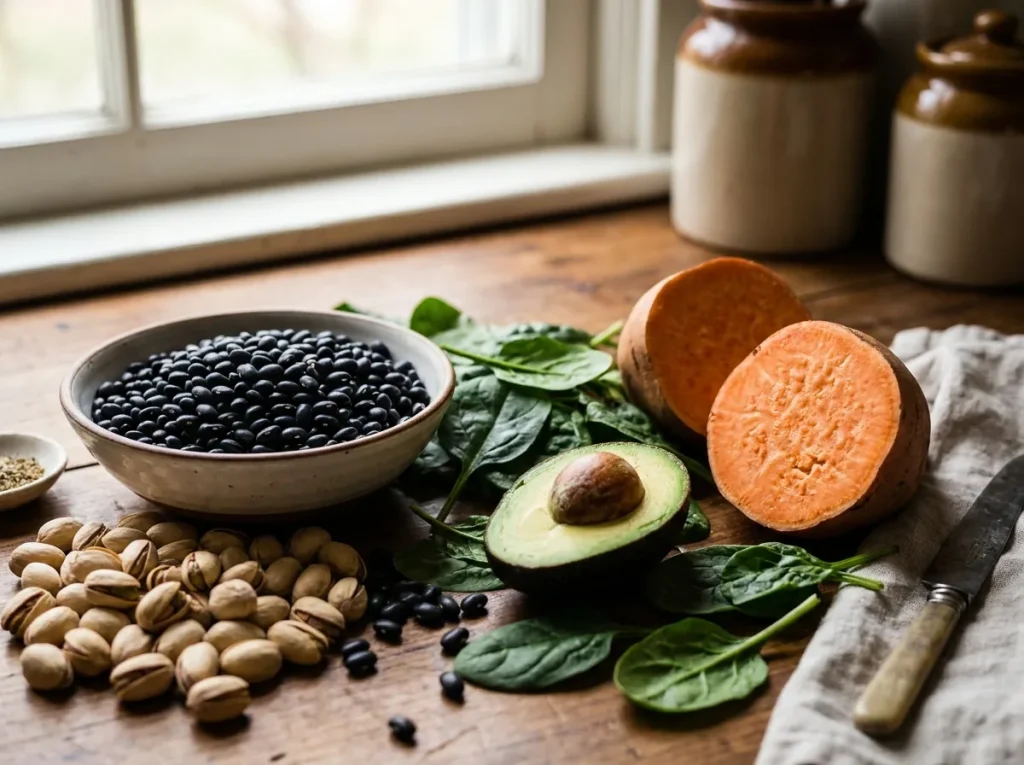Foods Highest in Potassium: black beans, pistachios, spinach, sweet potato and avocado