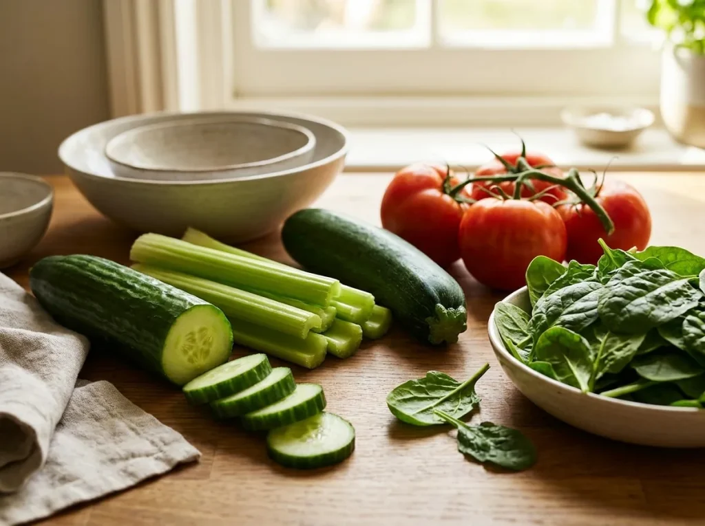 Foods Lowest in Calories: cucumber, celery, courgette, tomatoes and spinach