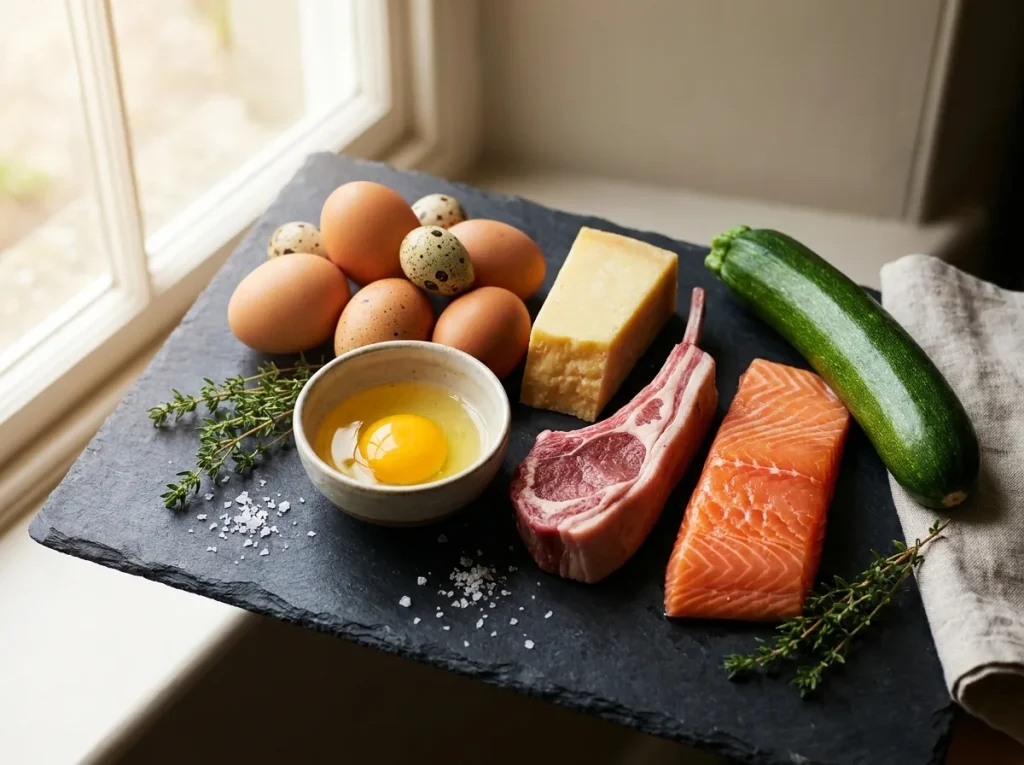 Foods Lowest in Carbohydrates: eggs, cheddar, lamb, salmon and courgette
