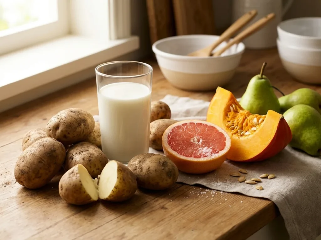Foods Lowest in Fat: skimmed milk, potatoes, grapefruit, pumpkin and pears