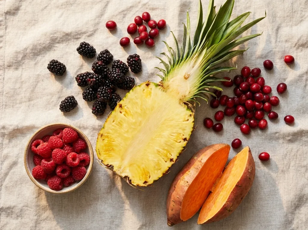 Foods Lowest in Saturated Fat: pineapple, blackberries, cranberries, raspberries and sweet potato