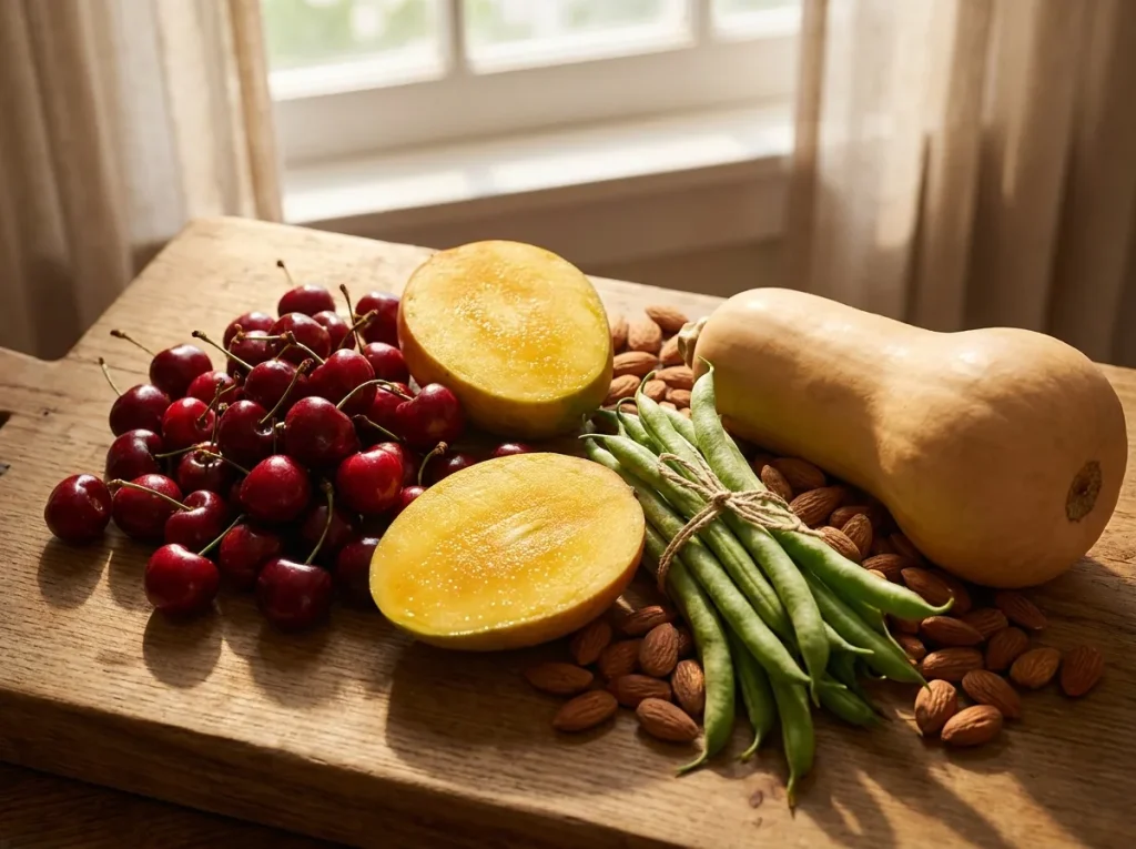 Foods Lowest in Sodium: cherries, mango, green beans, almonds and butternut squash