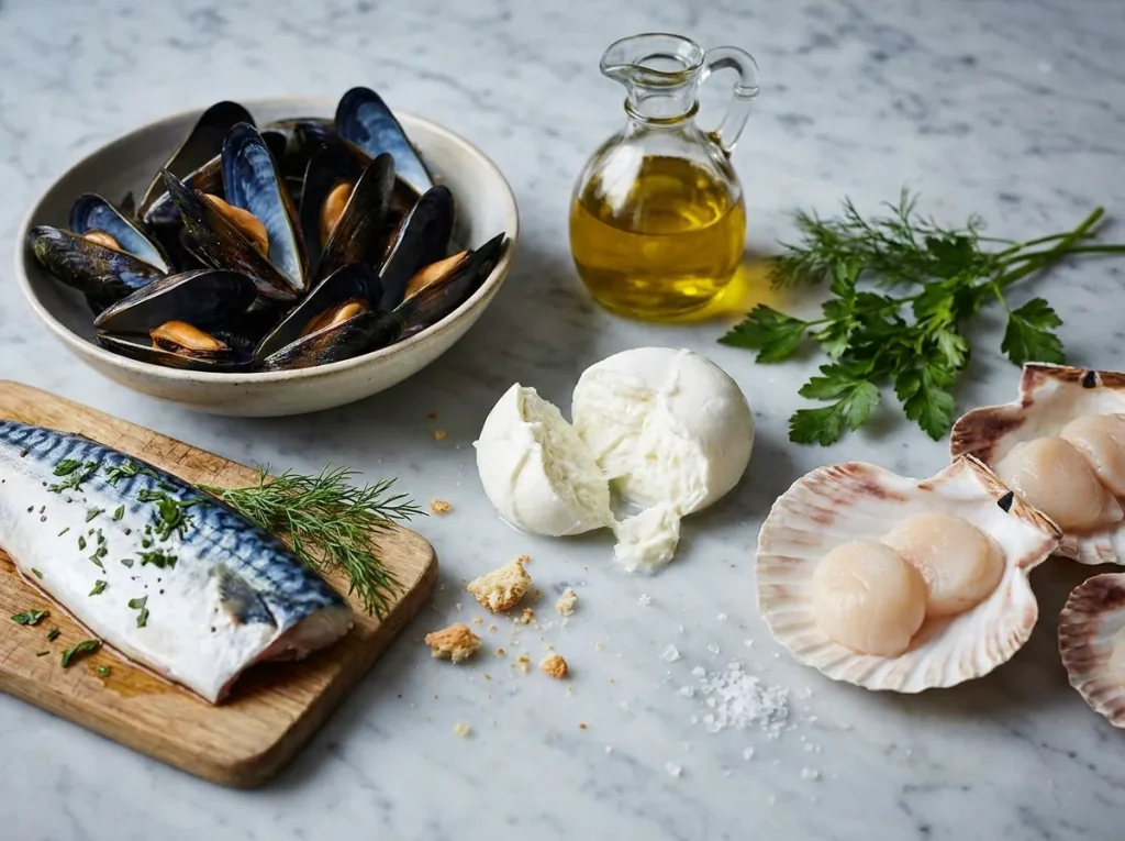 Foods Lowest in Sugar: mussels, mackerel, mozzarella, olive oil and scallops