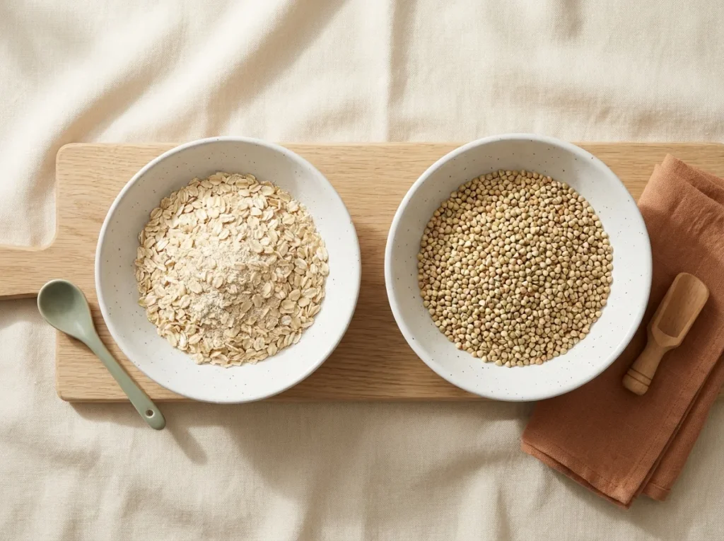 Oats and buckwheat side by side, photographed for nutritional comparison