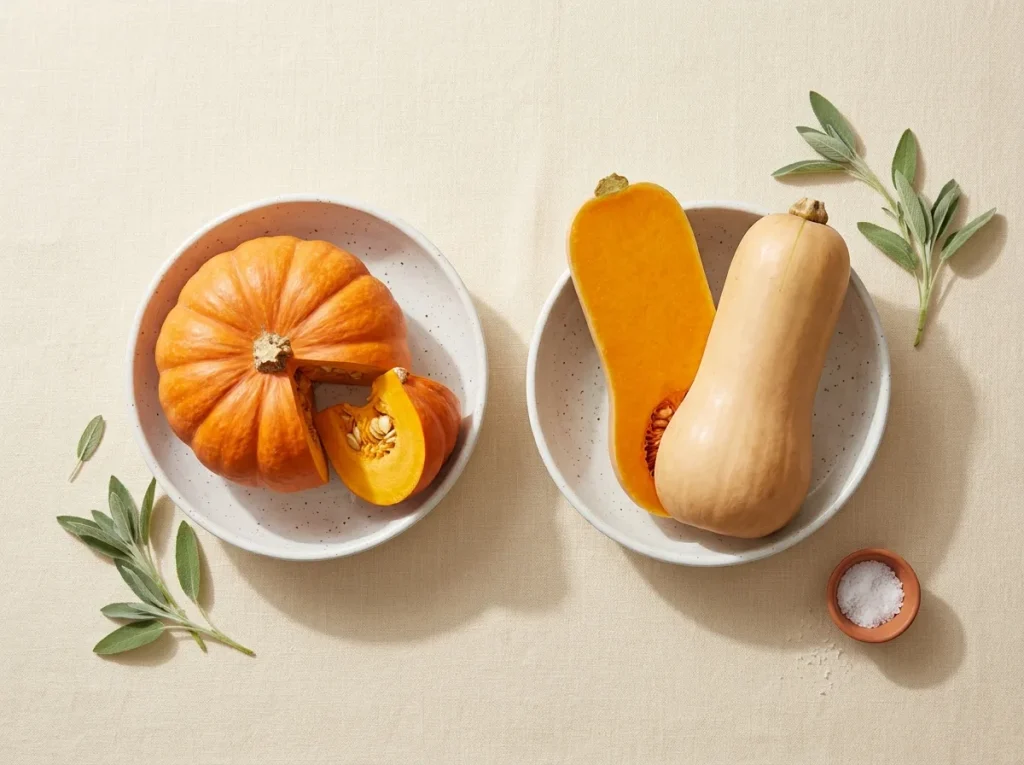Pumpkin and butternut squash side by side, photographed for nutritional comparison